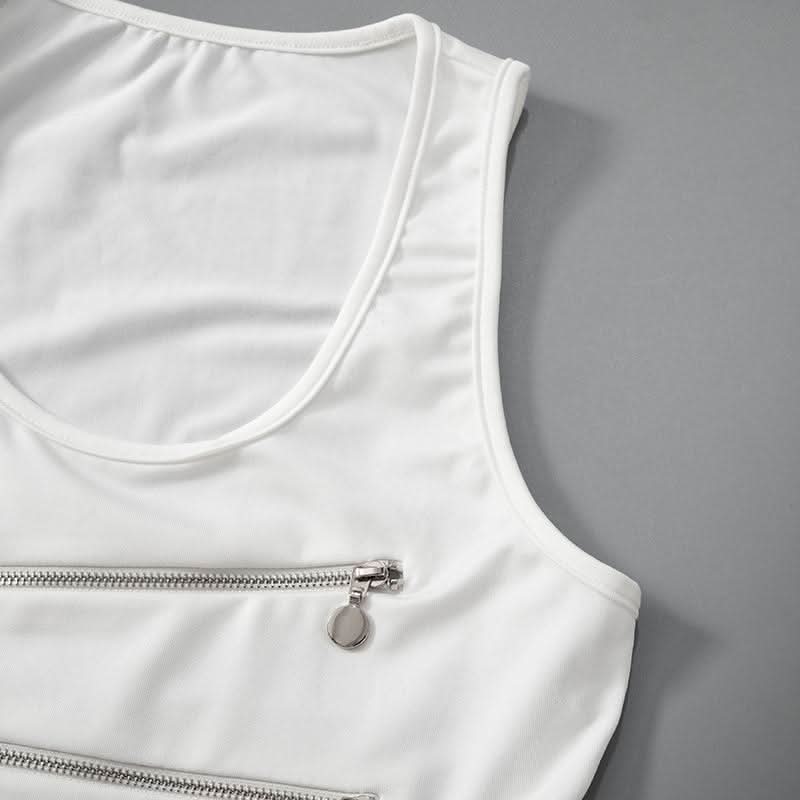 Zip-up hollow out u neck irregular solid cut out top-final-sale