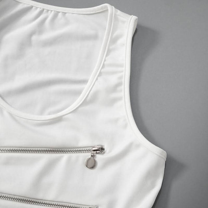 Zip-up hollow out u neck irregular solid cut out top-final-sale