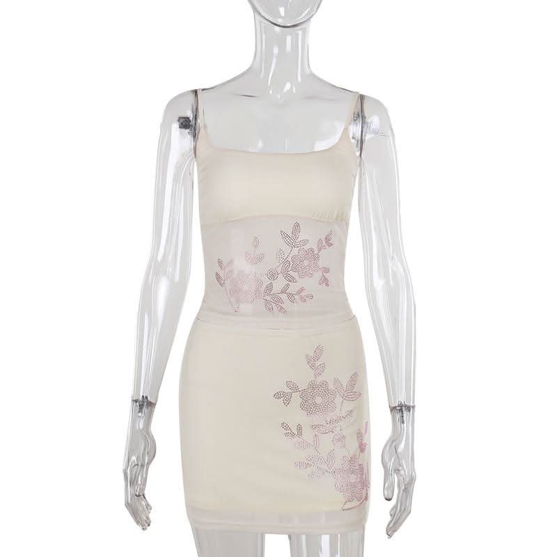 U neck beaded flower pattern mesh cami mini skirt set  | Festival Outfits Women