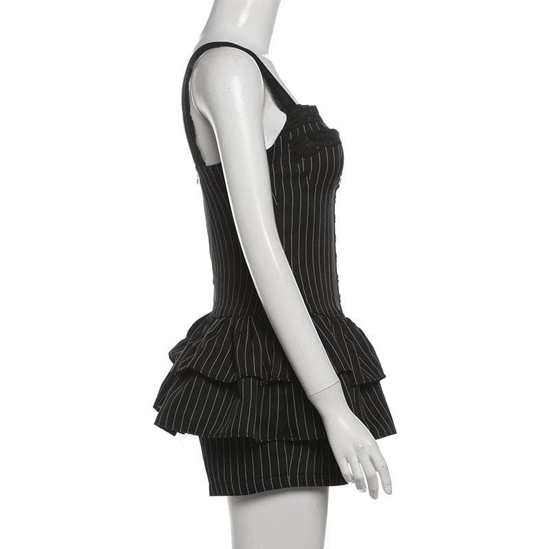 Lace hem striped button ruched cami romper-final-sale