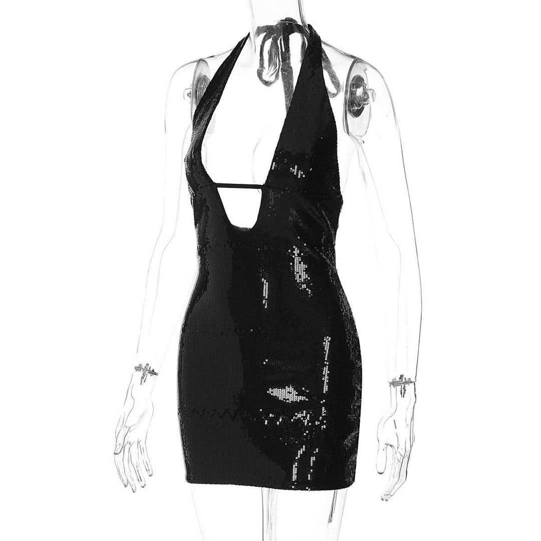 Halter v neck glitter backless mini dress  | Festival Outfits Women-final-sale