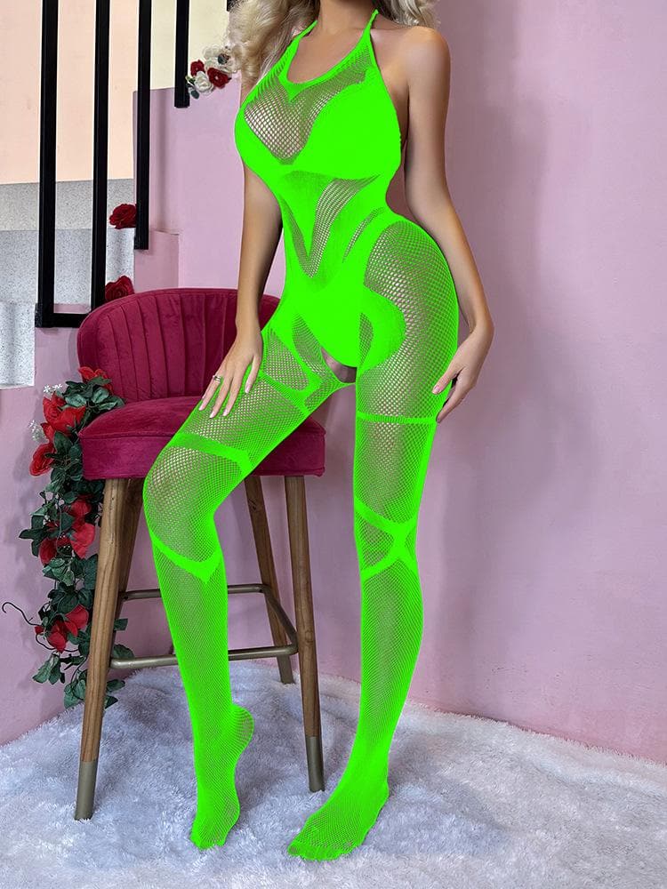 Halter backless fishnet open crotch bodystocking  | Festival Outfits Women