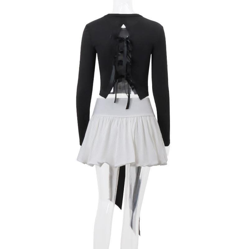 Long sleeve crewneck bowknot lace up ribbon ruched mini skirt set-final-sale  | Festival Outfits Women