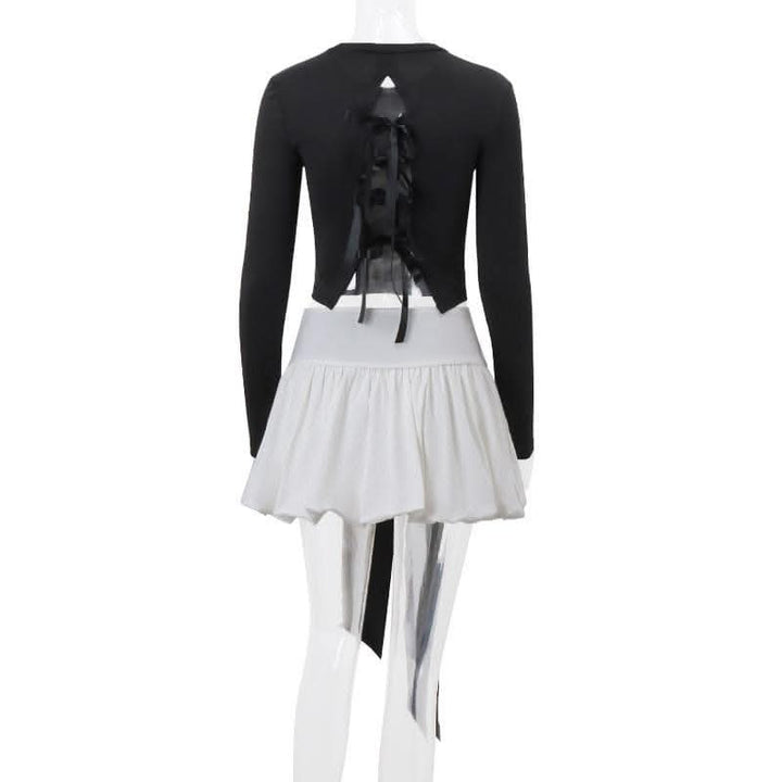 Long sleeve crewneck bowknot lace up ribbon ruched mini skirt set-final-sale  | Festival Outfits Women