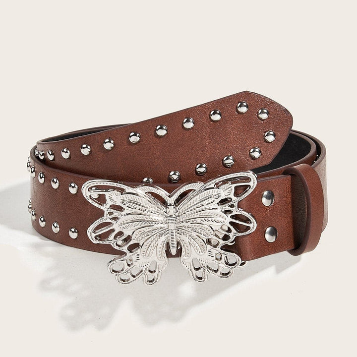 Silver butterfly hollow out beaded PU leather belt  | Festival Outfits Women