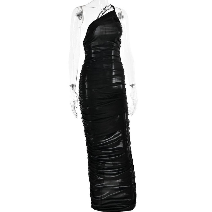 Metallic one shoulder solid ruched zip-up maxi dress-final-sale  | Festival Outfits Women