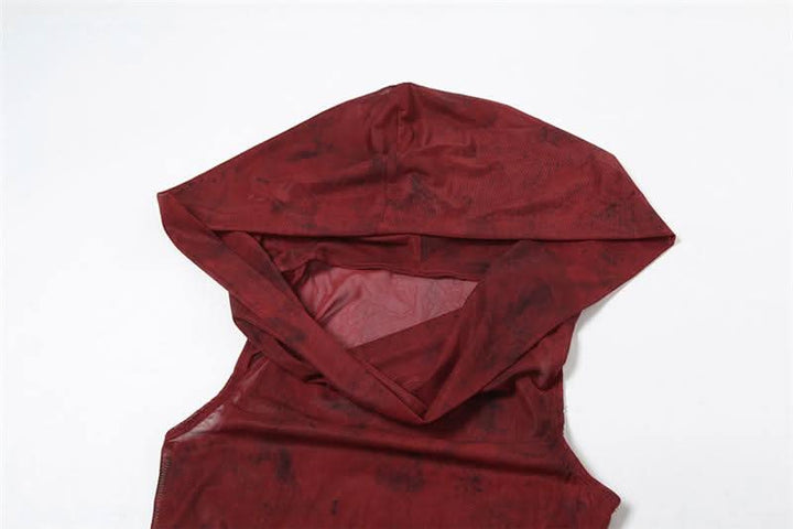 Hoodie cowl neck irregular gloves sheer mesh top  | Festival Outfits Women