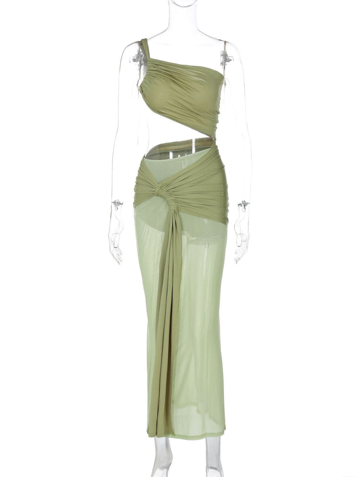 One shoulder ruched hollow out mesh cut out maxi dress  | Festival Outfits Women