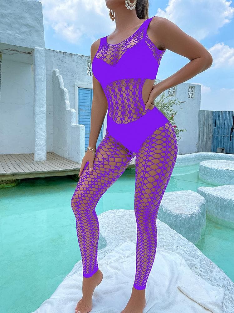 U neck sleeveless hollow out fishnet bodystocking  | Festival Outfits Women