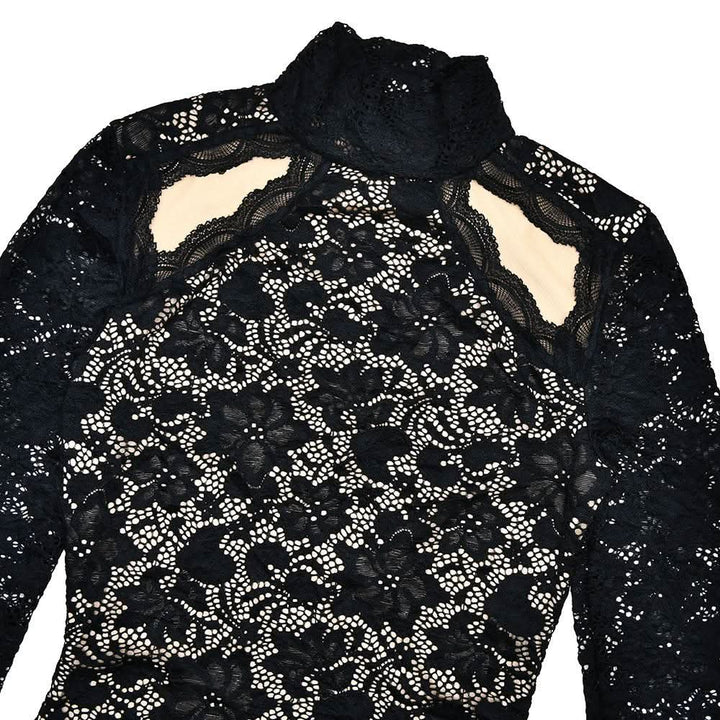 High neck long sleeve hollow out lace bodysuit  | Festival Outfits Women