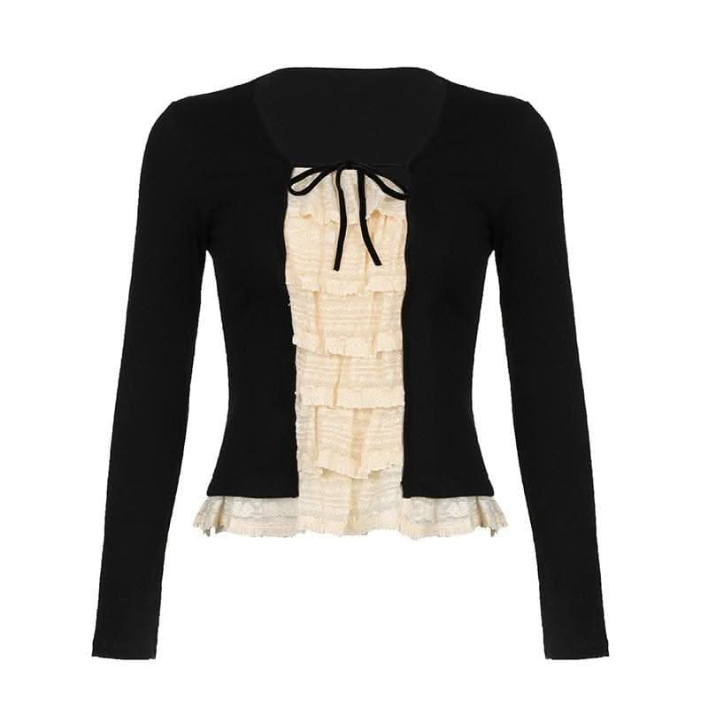 Lace patchwork contrast long sleeve self tie top-final-sale  | Festival Outfits Women
