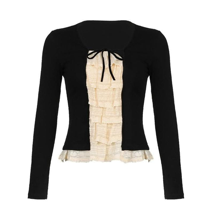 Lace patchwork contrast long sleeve self tie top-final-sale  | Festival Outfits Women
