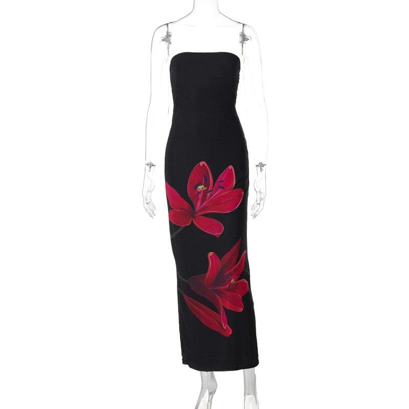 Flower print knotted backless tube maxi dress  | Festival Outfits Women