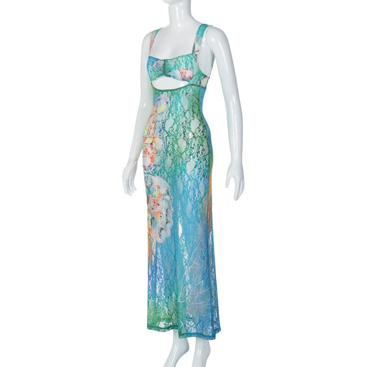 Hollow out butterfly pattern lace tie dye cut out maxi dress  | Festival Outfits Women