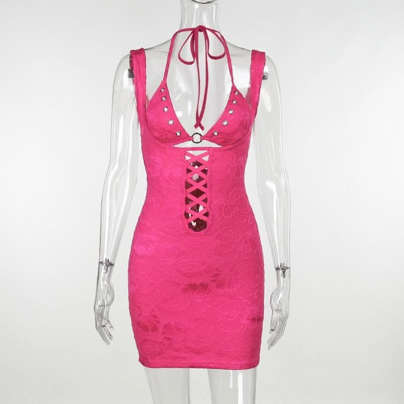 Halter o ring lace up lace backless hollow out solid cut out mini dress-final-sale  | Festival Outfits Women