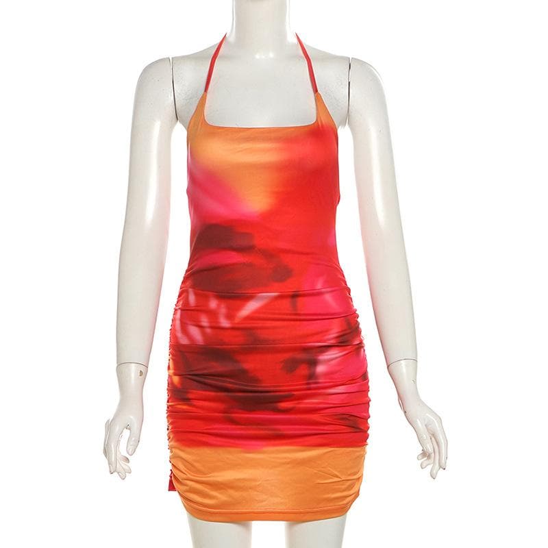 U neck halter tie dye ruched backless mini dress  | Festival Outfits Women