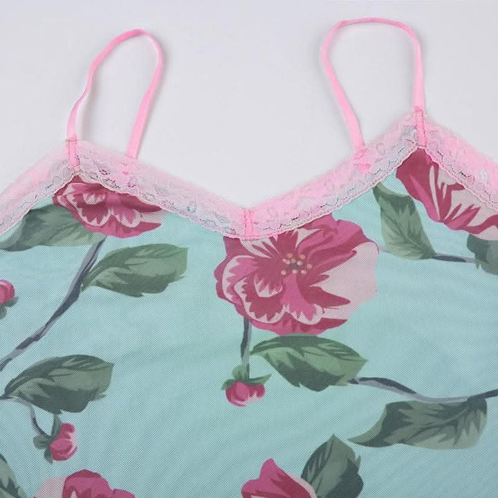Lace hem flower print v neck contrast mesh top-final-sale  | Festival Outfits Women