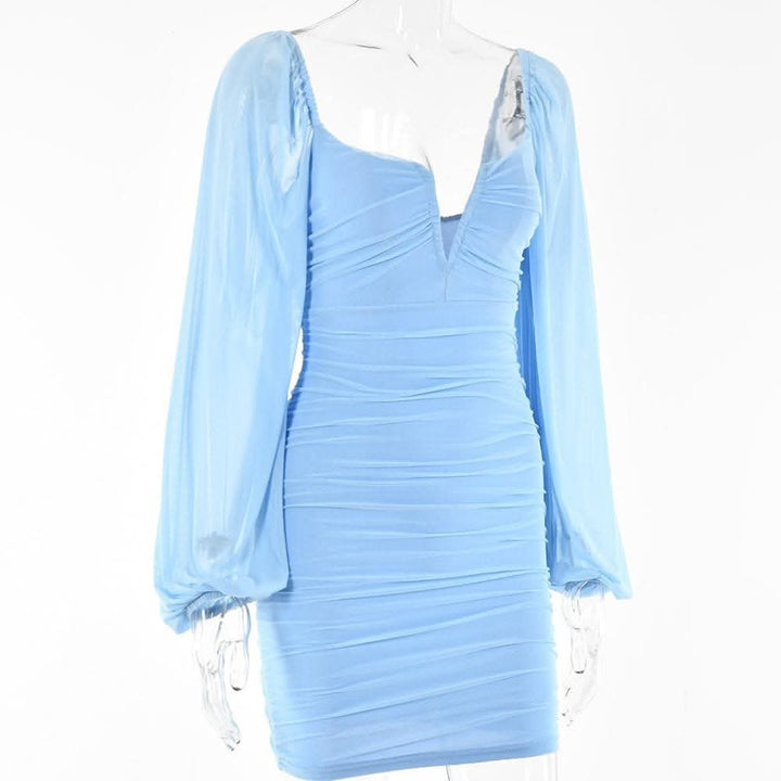 Mesh solid long sleeve ruched notch neck zip-up mini dress-final-sale  | Festival Outfits Women