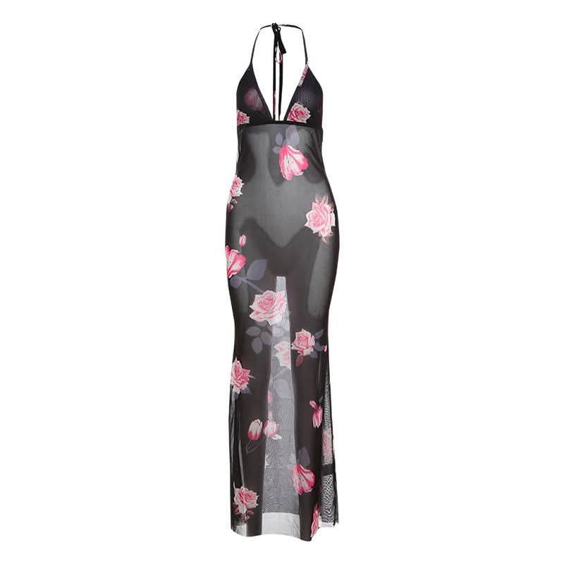 Halter v neck flower print see through maxi dress  | Festival Outfits Women
