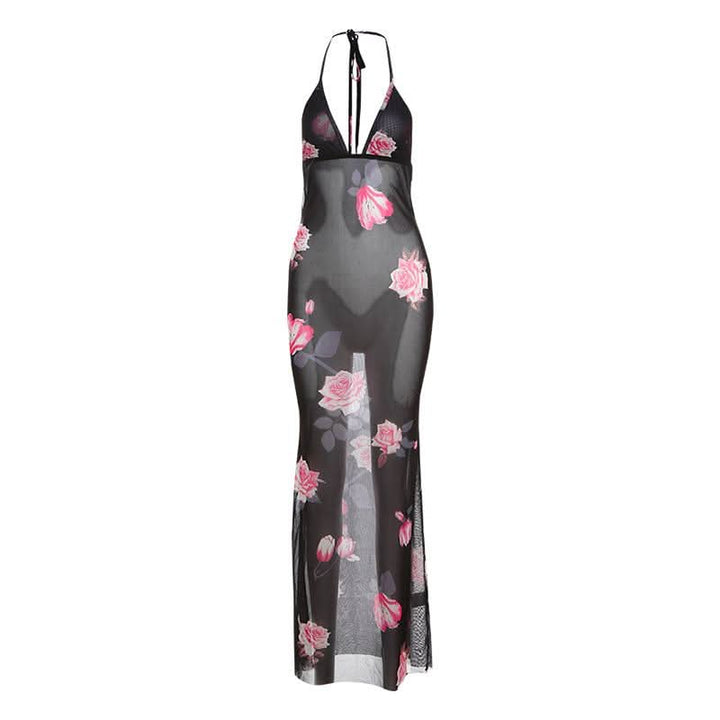 Halter v neck flower print see through maxi dress  | Festival Outfits Women