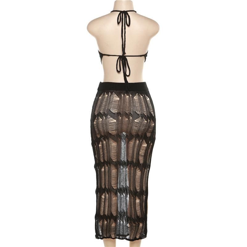 Crochet solid halter self tie see through slit midi skirt set-final-sale  | Festival Outfits Women