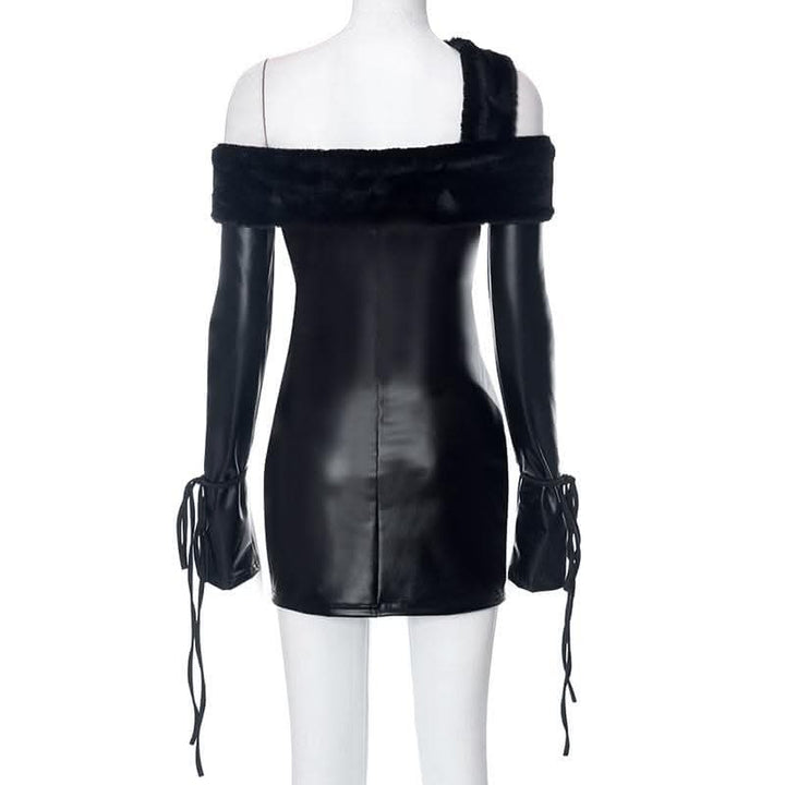Long sleeve off shoulder PU leather furry solid mini dress-final-sale  | Festival Outfits Women
