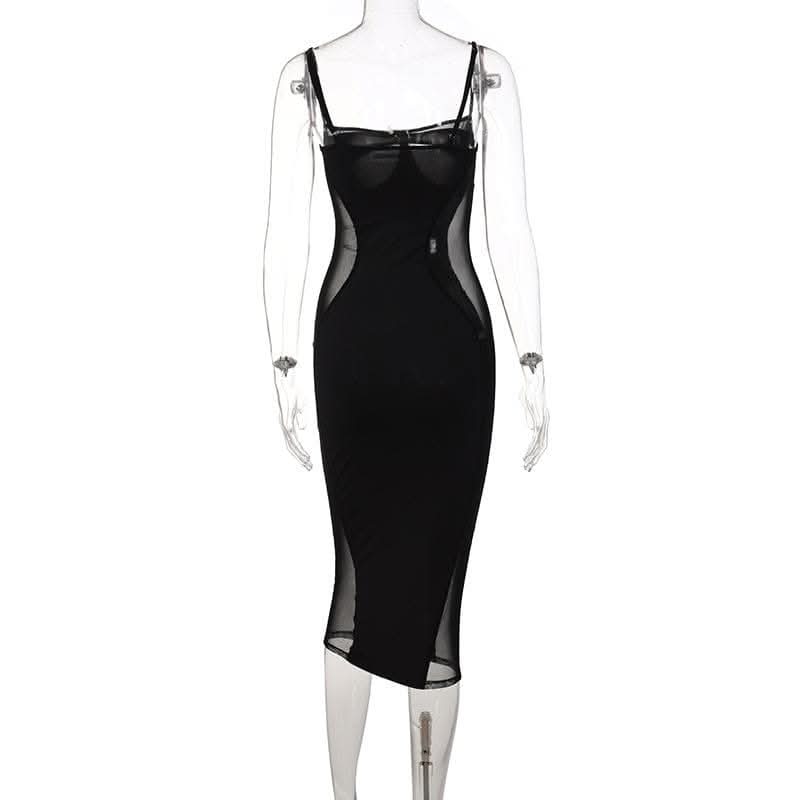 Sweetheart neck mesh patchwork cami midi dress-final-sale