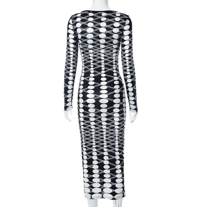 Long sleeve polka dot u neck contrast midi dress-final-sale  | Festival Outfits Women