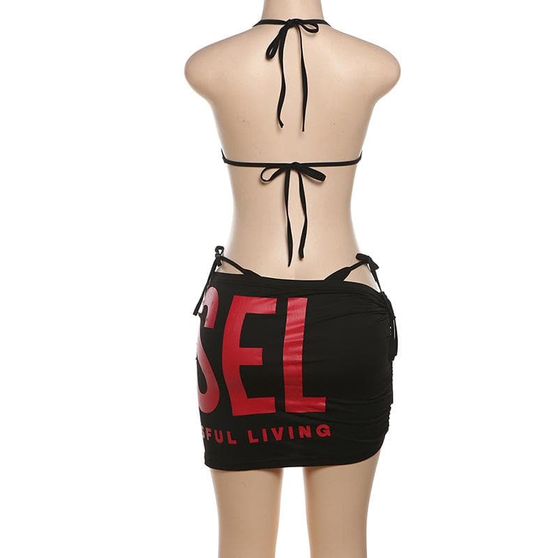 Letter print halter self tie ruched drawstring mini skirt set  | Festival Outfits Women-final-sale