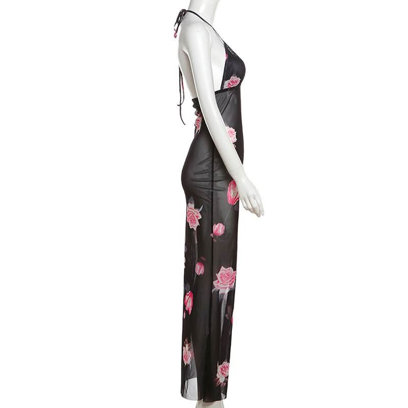 Halter v neck flower print see through maxi dress  | Festival Outfits Women