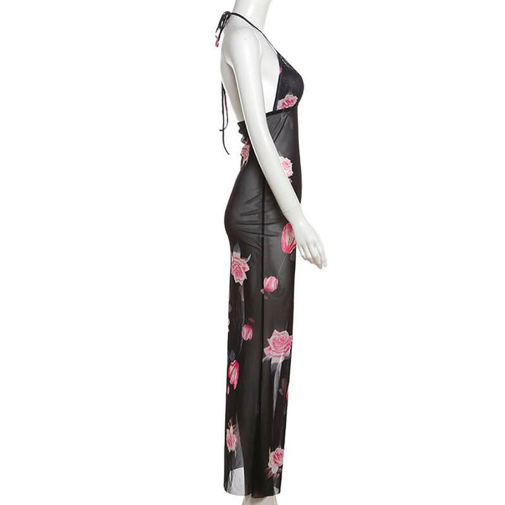 Halter v neck flower print see through maxi dress  | Festival Outfits Women