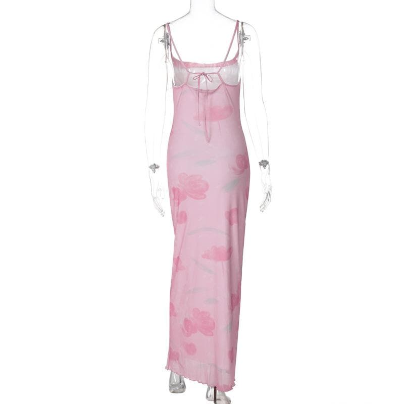 Print mesh knotted backless cami maxi dress  | Festival Outfits Women