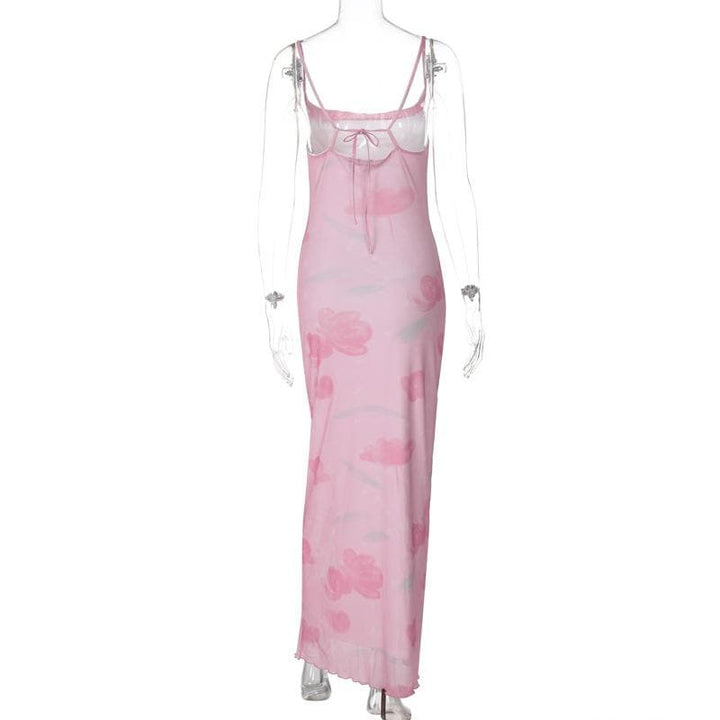 Print mesh knotted backless cami maxi dress  | Festival Outfits Women