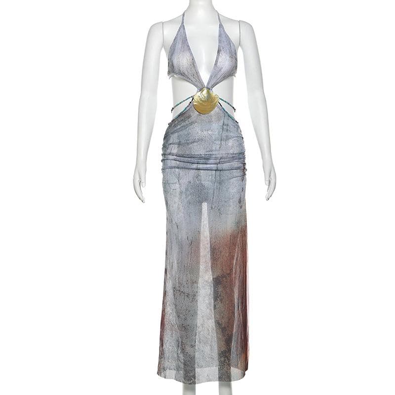 Halter self tie deep V neck sheer mesh shell applique maxi dress