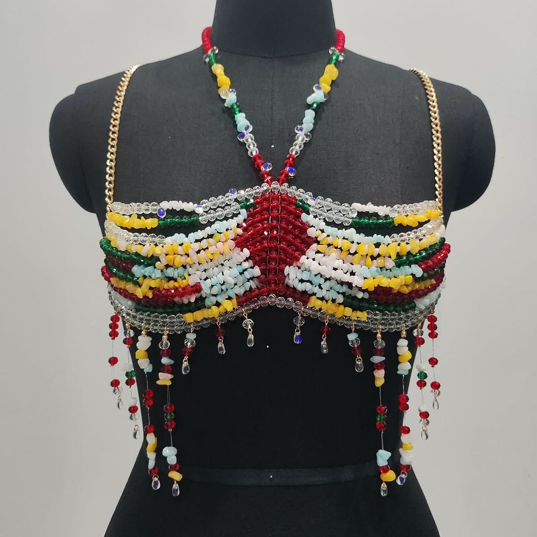 Halter beaded hollow out backless tassels cut out top  | Festival Outfits Women