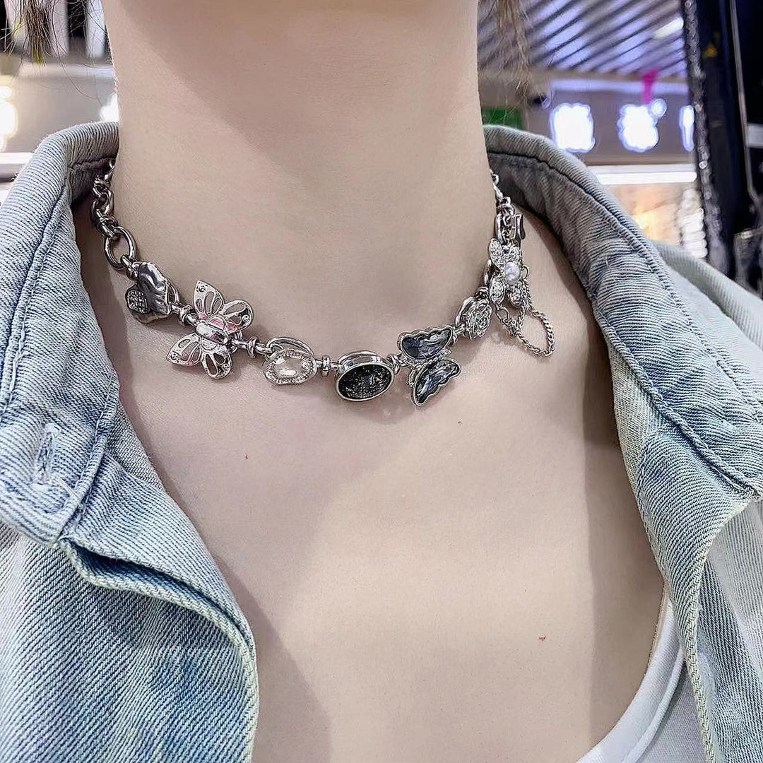 Butterfly rhinestone metal chain choker necklace  | Festival Outfits Women