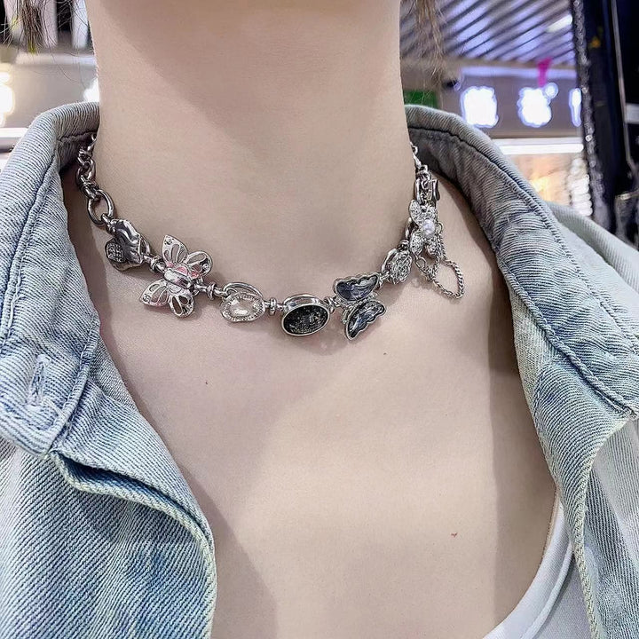 Butterfly rhinestone metal chain choker necklace  | Festival Outfits Women