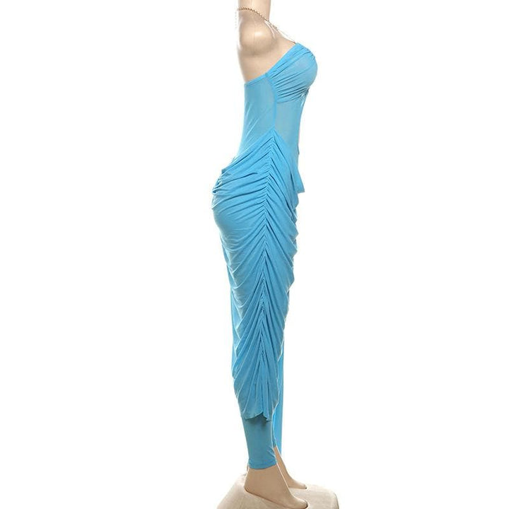 Metal chain halter ruched sheer mesh hollow out cut out maxi dress  | Festival Outfits Women