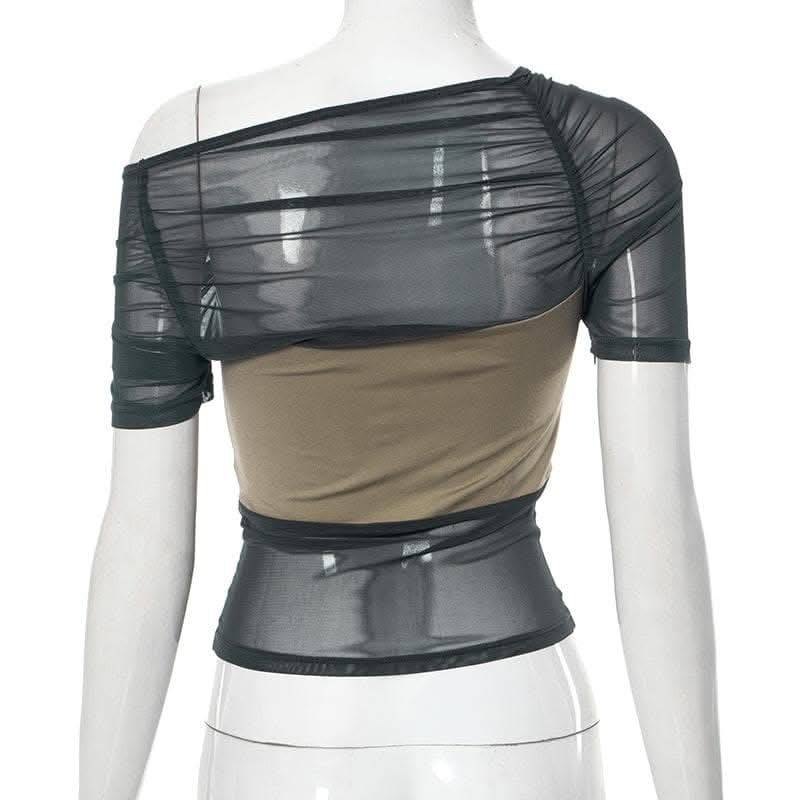 Mesh contrast patchwork short sleeve off shoulder ruched top-final-sale  | Festival Outfits Women