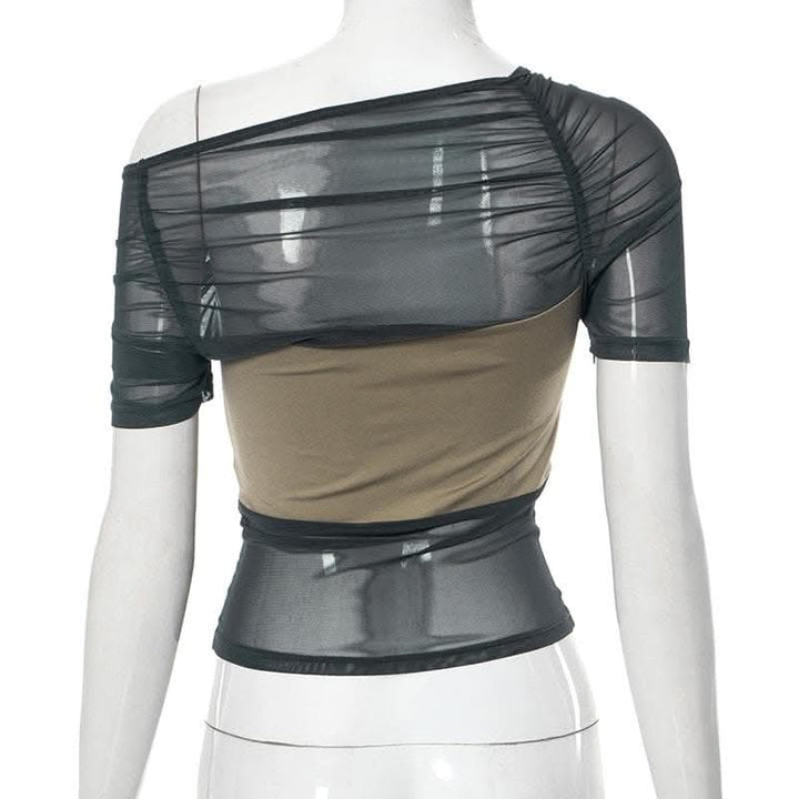 Mesh contrast patchwork short sleeve off shoulder ruched top-final-sale  | Festival Outfits Women