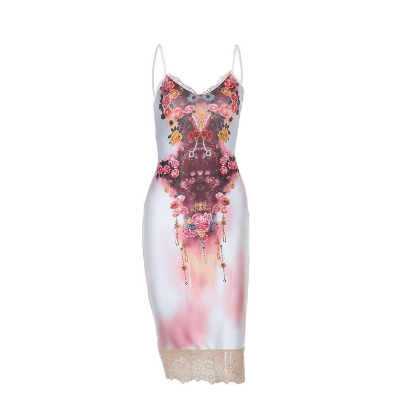 Rigar midi mai kama da ta Lace hem print v neck cami cami | Kayan Biki na Mata