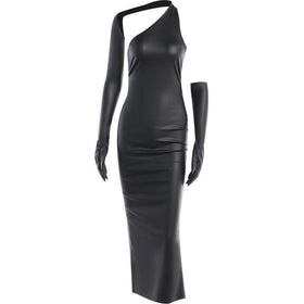 Gloves solid PU leather irregular one shoulder slit midi dress-final-sale  | Festival Outfits Women