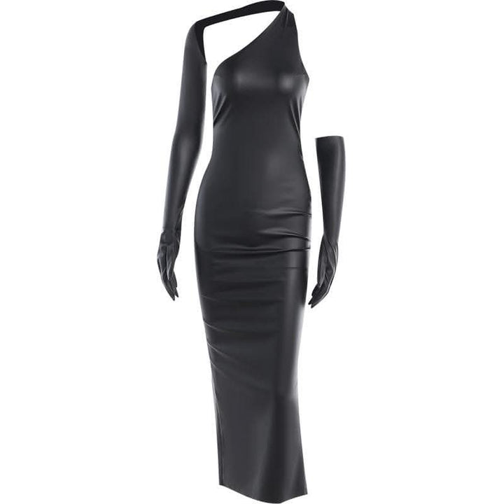 Gloves solid PU leather irregular one shoulder slit midi dress-final-sale  | Festival Outfits Women