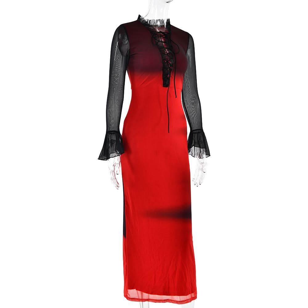 Long flared sleeve ruffle lace up mesh midi dress  | Festival Outfits Women