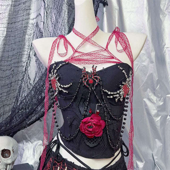 Spider pattern beaded lace hem cami top  | Festival Outfits Women