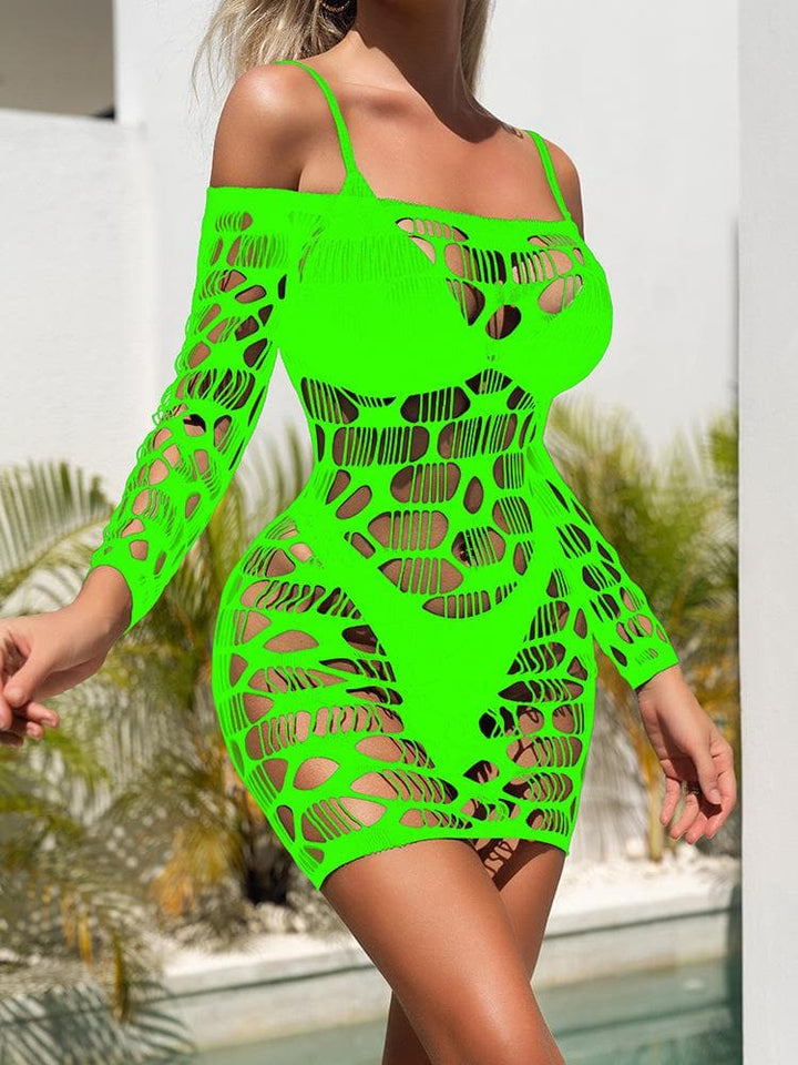 Long sleeve off shoulder net hollow out cut out mini dress  | Festival Outfits Women