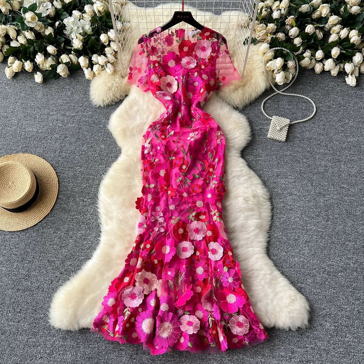 Crewneck short sleeve flower embroidery zip-up maxi dress  | Festival Outfits Women