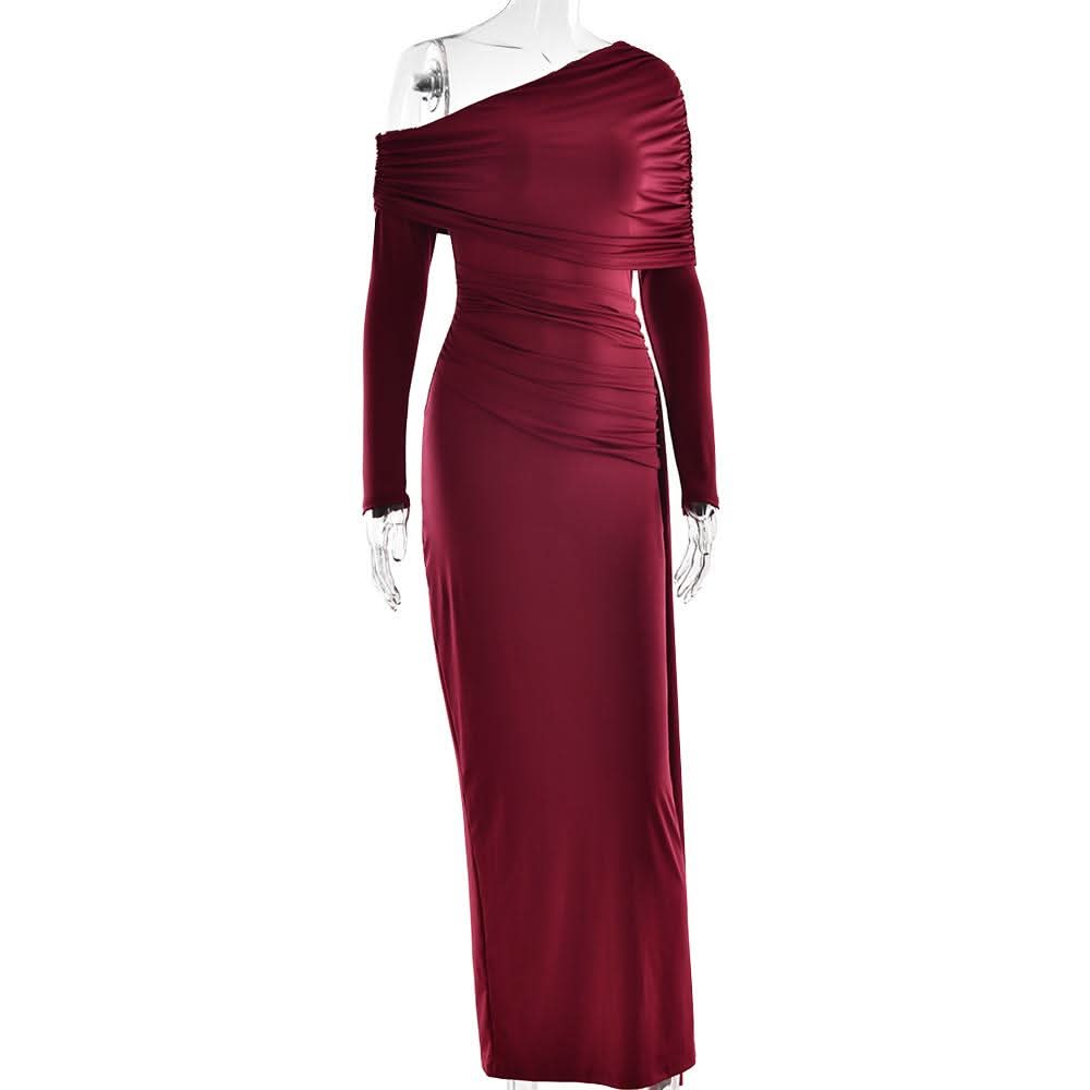 One shoulder long sleeve ruched slit maxi dress  | Festival Outfits Women