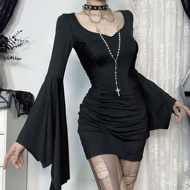Ruched long flared sleeve v neck solid mini dress  | Festival Outfits Women