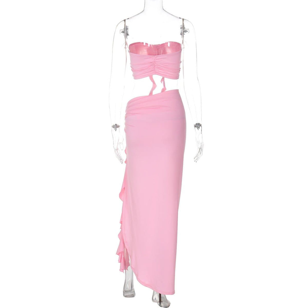 Flower applique ruffle high slit ruched tube skirt set  | Festival Outfits Women